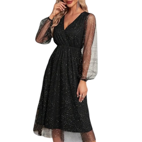 Women’s Shiny Mesh Lantern Sleeve Dress - Picture 8 of 13
